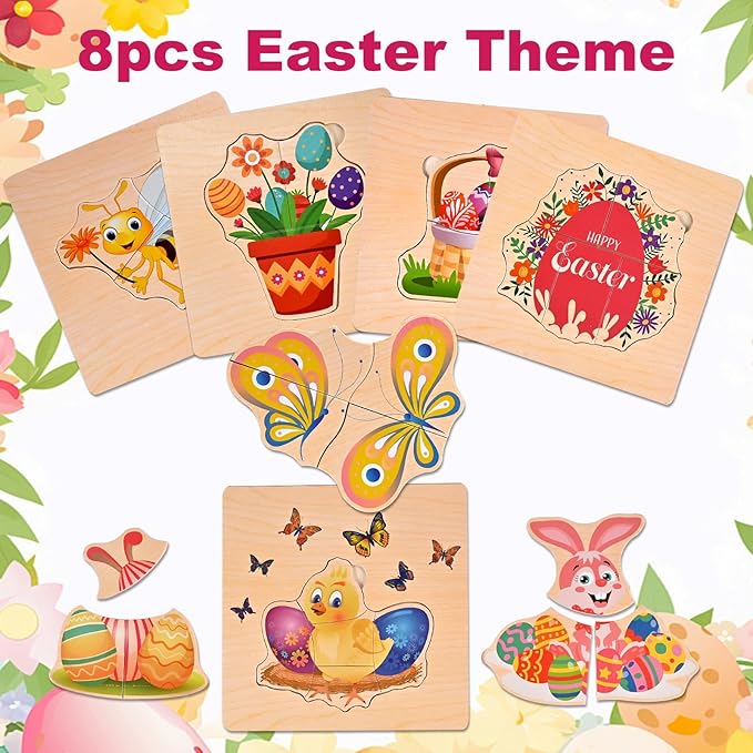 8pcs Easter Basket Stuffers Fillers for Toddler Party Favors, Easter Puzzles for Toddlers 3-5, Wooden Puzzles Gifts Toys for Kids Boys Girls Baby, Classroom Exchange Gifts Rabbits Eggs Puzzle