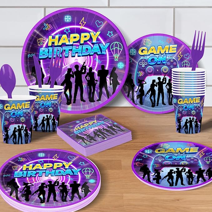 Video Game Party Supplies for Kids Child Themed Birthday Party,Game Theme Birthday Decorations Disposable Tableware Set With Plates, Cups, Napkins & Cutlery for 24 Guests