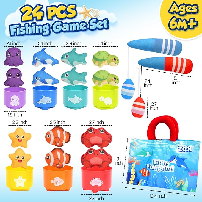 ZOOI Toddler Montessori Toys for 1-3 Year Old, 24PCS Cloth Fishing Game with Stacking Cups for Hand-Brain Coordination, Sensory Baby Toys 6-12 Months, 1-3 Year Old Girl Boy Birthday Gifts