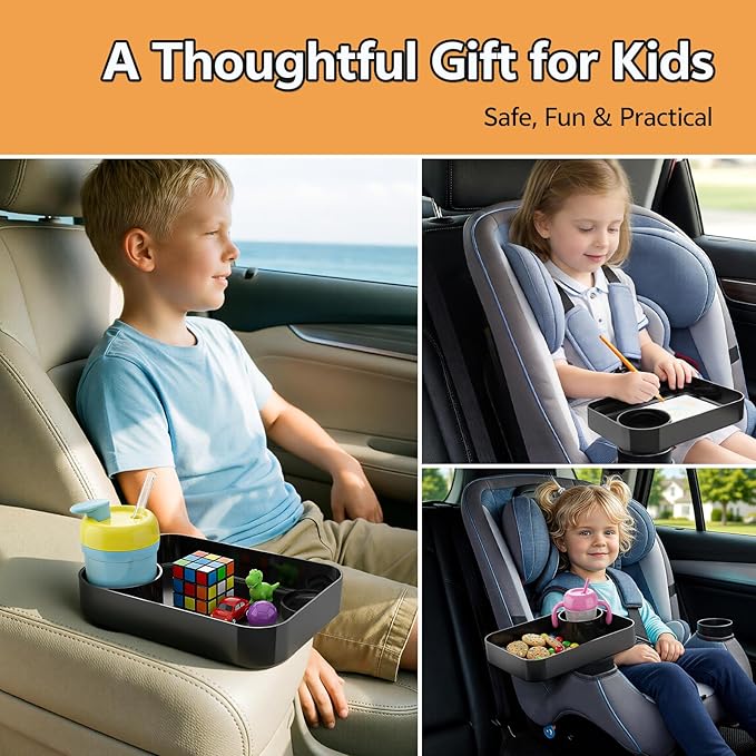 2PCS Car Seat Snack Tray for Kids Toddler Travel,Cup Holder Expander for Car,Toddler Travel & Road Trip Accessory for Mess-Free Snacking in The Car (Black)
