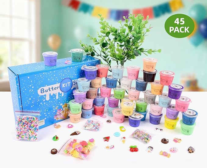 45 Pack Butter Slime Kit for Kids, Holiday Making Bulk Scented Slime Charms Party Favor, DIY Putty, Soft & Non-Sticky, Stress Relief Toy for Girls and Boys Age 4-12, Birthday Advent Calendar