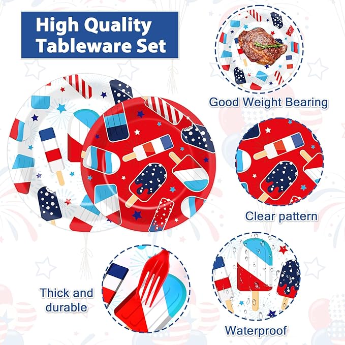 96Pcs Patriotic Party Supplies Summer Ice Pop Paper Plates and Napkins 4th of July Theme Disposable Tableware Set for American Independence Day Veterans Election Memorial Day Decor Serves 24