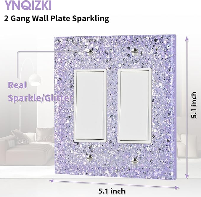 2-Gang Light Switch Cover Plate - Shiny Purple Mirror Finish,5.1"x5.1",Sparkling Design for Outlet or Double Rocker Switch