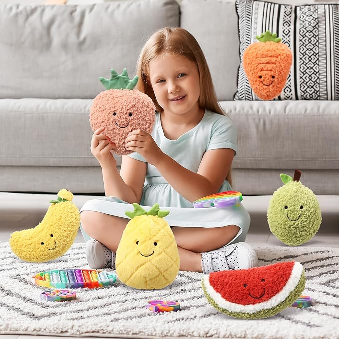 Simgoing 8 Pcs Cute Fruit Plush Pillow Stuffed Fruit Toy 8 Inch Avocado Banana Watermelon Peach Strawberry Mango Carrot Pineapple Plush Toy Kawaii Hugging Plushies for Boys Girls Party Favors