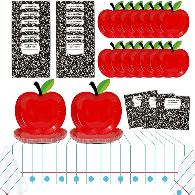 Back to School Party Supplies Serves 24 First Day of School Decorations Party Paper Plates Napkins Red Apple Composition Notebook Disposable Tablecloth Set Tableware Kit for Preschool Teacher Party