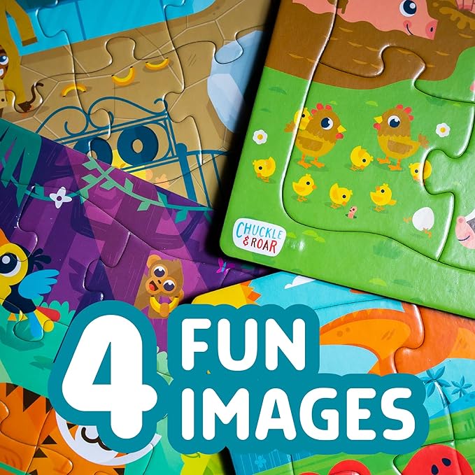 Chuckle & Roar - Multi Pack Jigsaw Puzzles for Kids Farm Dinosaur Jungle Zoo Tray Set 12 and 24 Piece Colorful Gift