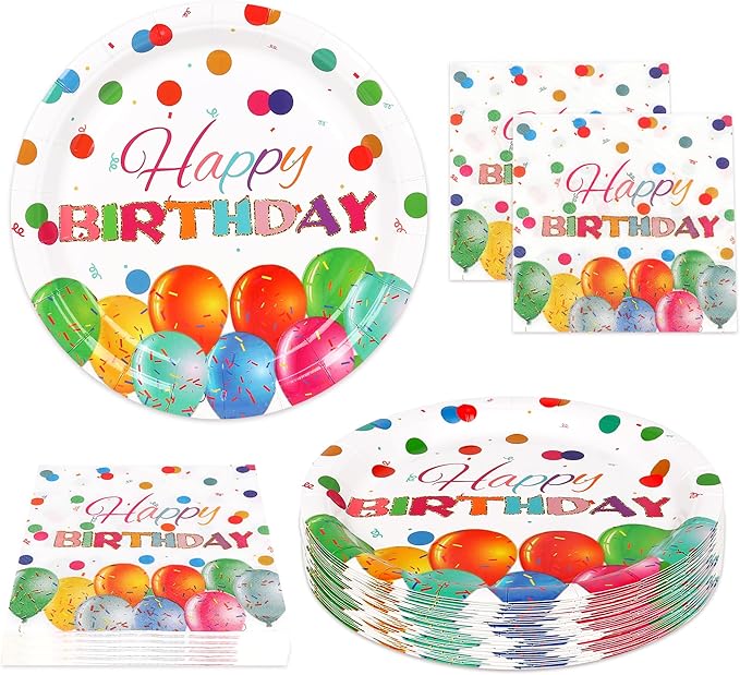 50 Pcs Happy Birthday Plates and Napkins, 9inch Colorful Dots Birthday Cake Dessert Plates, Disposable Paper Dinnerware Set for Birthdays Party Supplies Birthday Balloon, 25 Guests