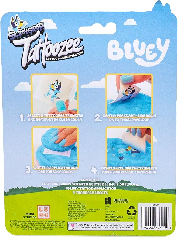 SLIMYGLOOP Tattoozee, Bluey Tattoo Transfer Slime Kit, Sensory Play for Kids Ages 6+, Cotton Candy Scented, Glitter Texture