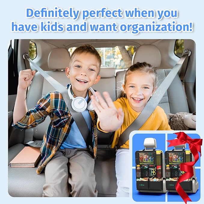 Plzpik Car Backseat Organizer with Tablet Holder,11 Storage Pockets with Foldable Food Tray, Protector Kick Mats for Kids, Travel Accessories Organizer (Black, 2-Pack)