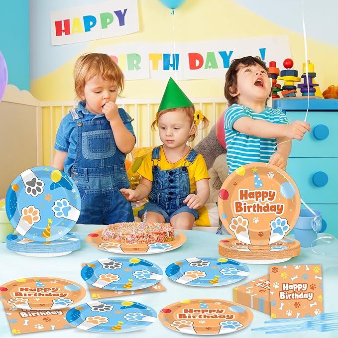 Justforjoyful 96Pcs Blue Dog Happy Birthday Party Supplies Cartoon Puppy Paper Plates and Napkins Disposable Paw Tableware Dinnerware Set for Kids Dogs Parties Decorations Favors Baby Shower Serve 24
