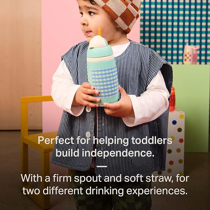 Tommee Tippee Active Straw Toddler Cups, 9 oz, Insulated Sippy Cups For Toddlers 1-3, Silicone Straw and Leak-Proof Valve, Mint and Beige, Pack of 2