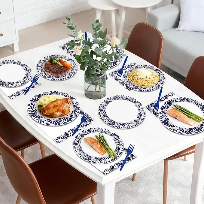 96 Pcs De Barro Mexican Talavera Paper Plates and Napkins Party Supplies White Blue Floral Clay Disposable Tableware Set Talavera Party Decorations for Fiesta Wedding Baby Shower Favors for Serves 24