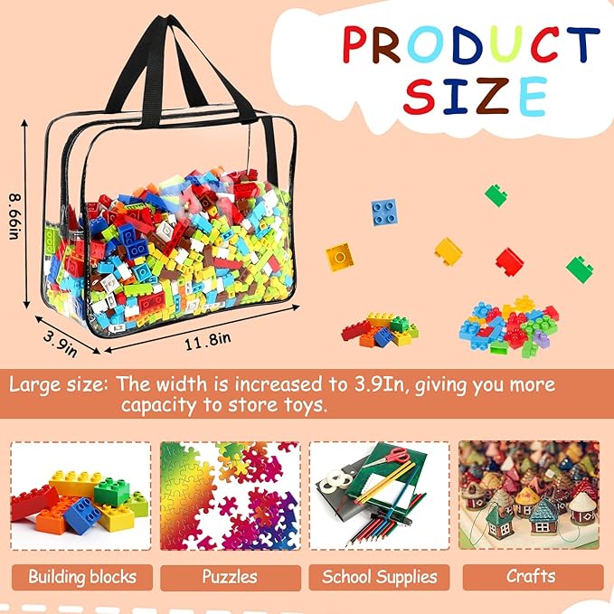 6 Packs Large Toy Storage Bags with Labels, Reusable Clear PVC Board Game Storage, Travel Waterproof Organizer Bags with Zipper for Building Blocks, Puzzle, Kids Books