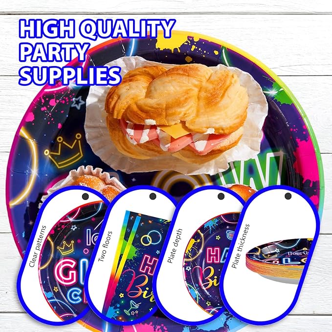 Grencian 96Pcs Neon Party Supplies Let's Glow Party Decorations Glow In The Dark Colorful Plates and Napkins Tableware Neon Birthday Decorations for Baby Shower Game Black Night Themed Favors Serve 24