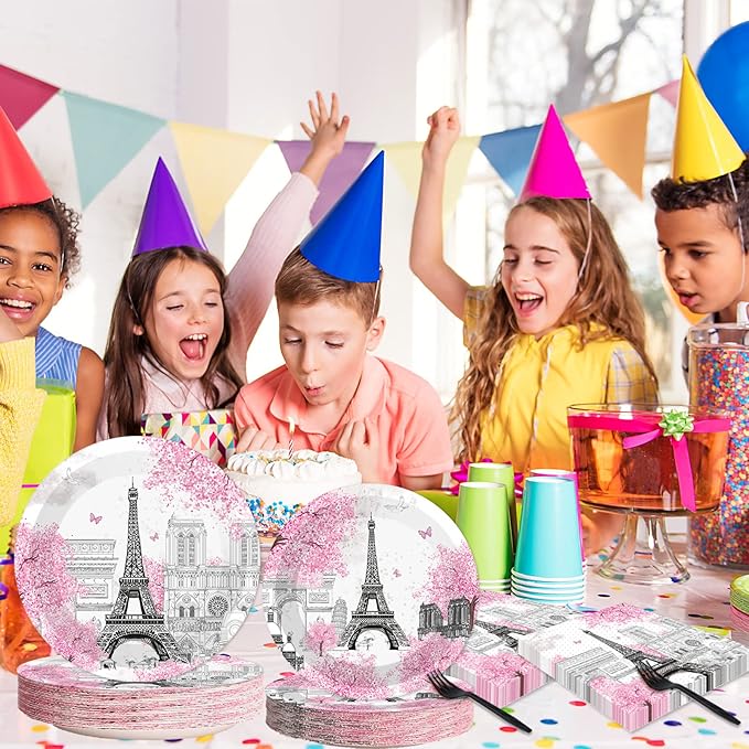 Naozinebi 200pcs Paris Eiffel Tower Plates Napkins Parisian Party Paris European City Tableware Set Landscape Pink Dinnerware Paper Tableware Bundle Baby Shower Decor Supplies Serve 50