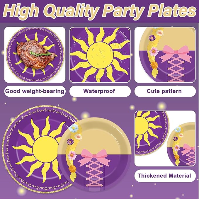 96Pcs Purple Sun Party Decorations Purple Princess Paper Plates and Napkins Princess Sun Themed Disposable Tableware Set for Girls Birthday Baby Shower Wedding Fairytale Party Supplies Serves 24