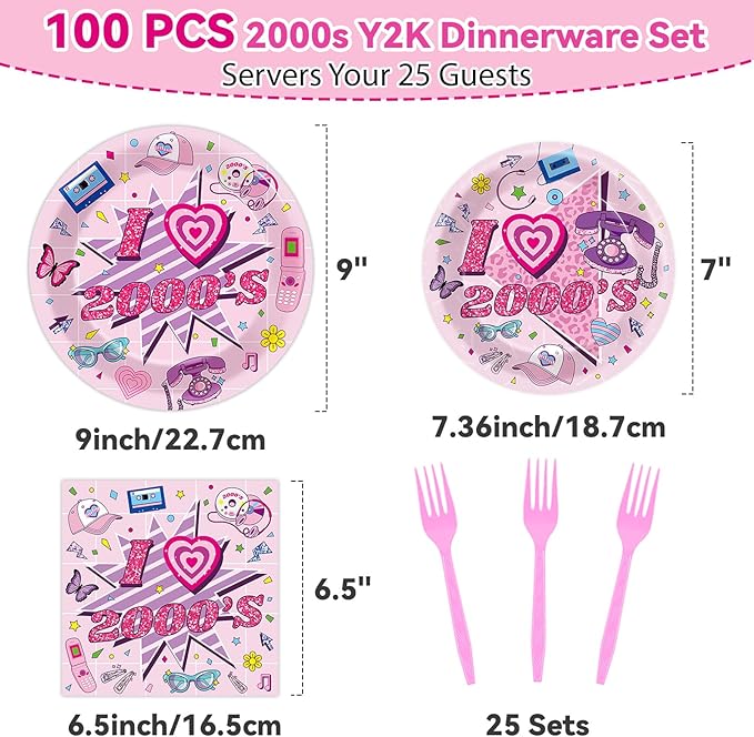 Qyeahkj 100Pcs 2000s Y2K Pink Decorations Party Supplies 90s Plates Napkins Disposable 1990s Tableware Dinnerware Birthday for 90's Kids Bachelorette Favor