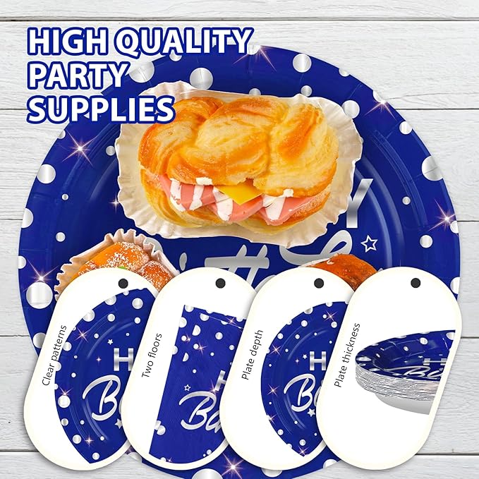 Grencian 96Pcs Blue and Silver Birthday Party Decorations Silver Polka Dots on Blue Paper Plates and Napkins Disposable Tableware for Women Men Birthday Party Graduation Decorations 2026 Serves 24