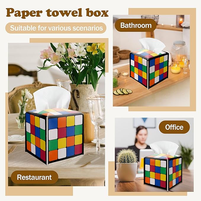 Funny Tissue Box Cover, Magic Cube Tissue Box Cover PU Leather Square, Decorative Facial Paper Organizer for Bathroom, Vanity, Home Office Car Decorations