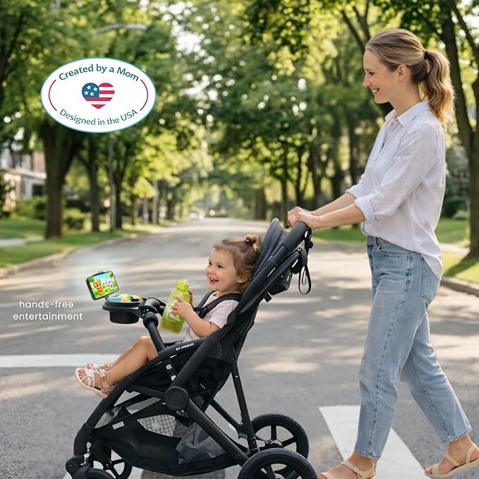 Universal Stroller Snack Tray | Stroller Cup Holder | Silicone Flexible Arms Grip Stroller Bumper Bar Stays in Place Stroller Tray Attachment (2-Pack Snack Tray with Phone Holder Black)