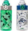 Zak Designs Jurassic World Dominion Movie Sage Kids Water Bottle For School or Travel, 16oz Durable Plastic Water Bottle With Straw, Handle, and Leak-Proof, Pop-Up Spout Cover, 2-Pack Set