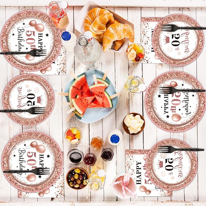 96 Pcs 50 and Fabulous Birthday Party Plates Napkins Tableware Set Rose Gold 50th Birthday Supplies Disposable Dinnerware Fifty Decoration Favors for Women, 24 Guests