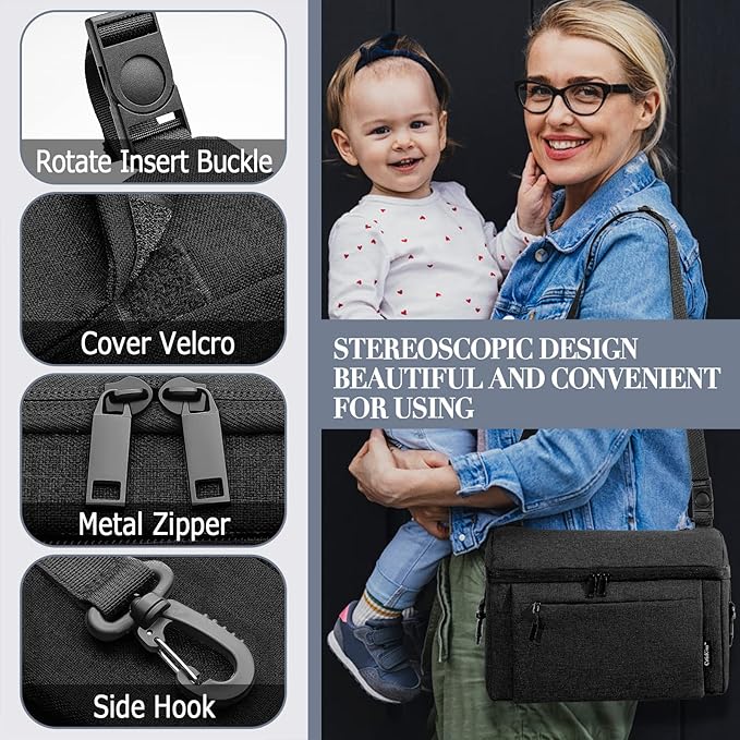 Universal Baby Stroller Organizer Large Space with Insulated Cup Holder Detachable Diaper Bag Adjustable Shoulder Strap Fits All Strollers (black)