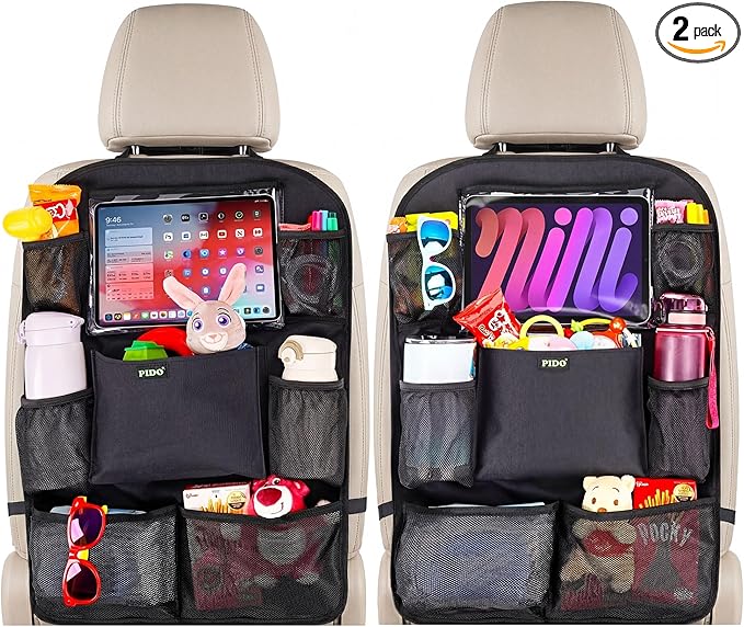 PIDO Car Seat Organizer for Backseat, Back Seat Organizer for Kids with Touch Screen Tablet Holder and 8 Pockets, Car Travel Accessories, Road Trip Essentials for Kids, 2 Pack