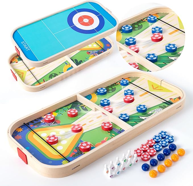 3-in-1 Wooden Tabletop Board Game - Portable Curling, Slingshot & Bowling Set for Kids & Family - Educational Montessori Toy, Screen-Free Indoor Fun, for Boys Girls Ages 3+
