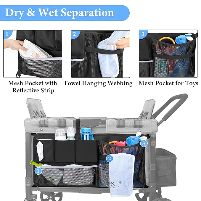 HODRANT Stroller Wagon Cargo Net, Stroller Wagon Accessories Organizer Compatible with WONDERFOLD All W-Series Models, Large Capacity Mesh Cargo Storage Net with Sorting Pockets for Dry Wet Separation
