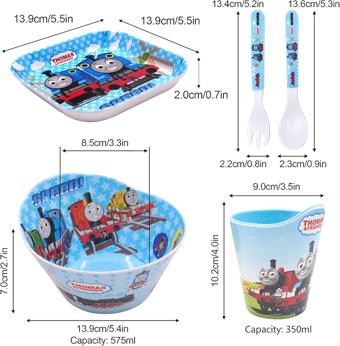 Thomas Transport Fans 5 Pcs Set Cartoon Durable Tableware Meal Dishes Mealtime Food Feeding Eating Set includes Dinner Serving Bowl Plate Cup with a Matching Spoon and Fork