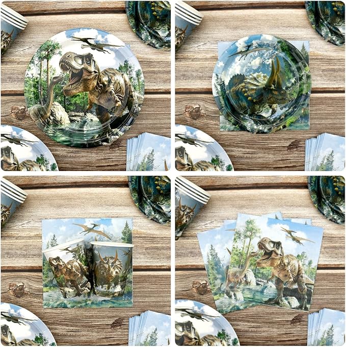 175 Pcs Dinosaur Party Birthday Supplies Dino World Themed Tableware Set Includes Plates Napkins Cups Knives Fork Spoon for Boys Kids Dinosaur Party Supplies Decorations Serve 25 Guests