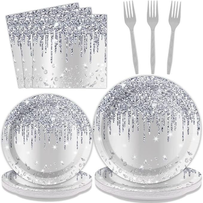 96 Pieces Silver Glitter Party Tableware Set for Denim and Diamonds Party Decorations Silver Plates and Napkins Forks Glitter Diamonds Theme Birthday Table Decorations for 24 Guests Parties Supplies