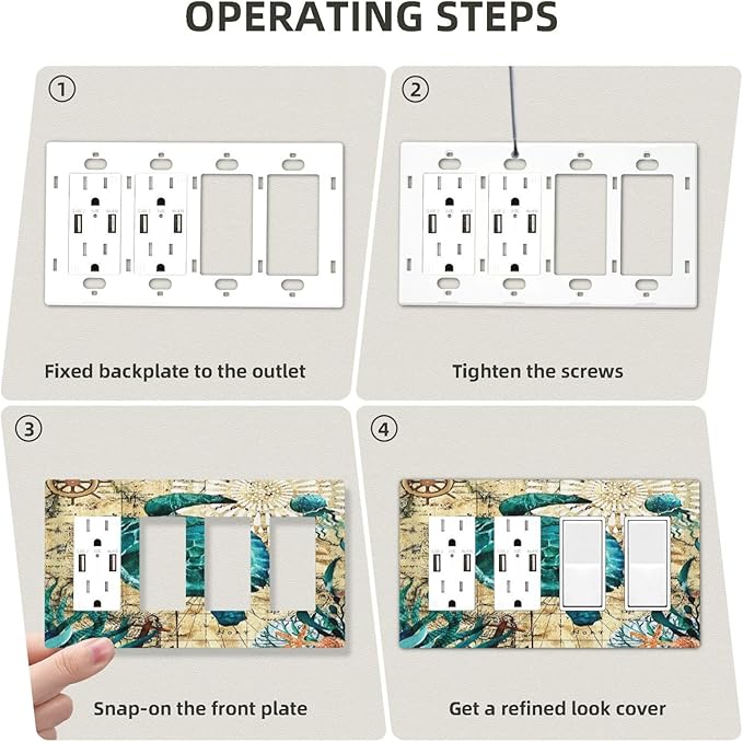 Nautical Ocean Map Tortoise Turtle 4 Gang Quad Rocker Light Switch Cover Plate Decorative Electric Faceplate Switchplate Living Room Bedroom Decorate Jumbo Screwless