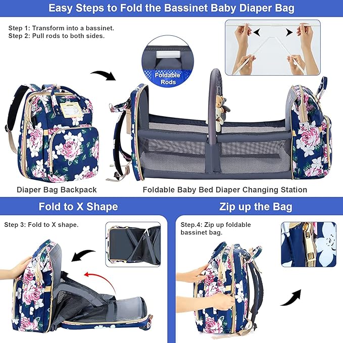 GurZinn Diaper Bag Backpack with Changing Station, Foldable for Bady Toddler, 3 in 1 Large Capacity Newborn Essentials Organizer with Stroller Hook for Girls and Boys（Blue）
