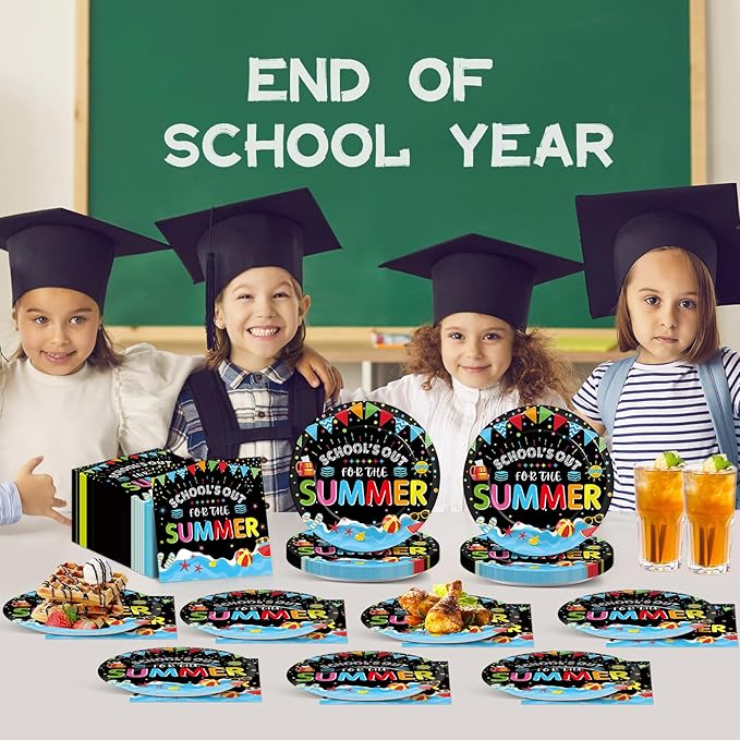 CHUNNIN 50Pcs End of School Year Paper Plates and Napkins School's Out for Summer Dessert Plates Summer Theme Party Decorations Tropical Pool Tableware Set Serves 25 Guest Beach Party Supplies