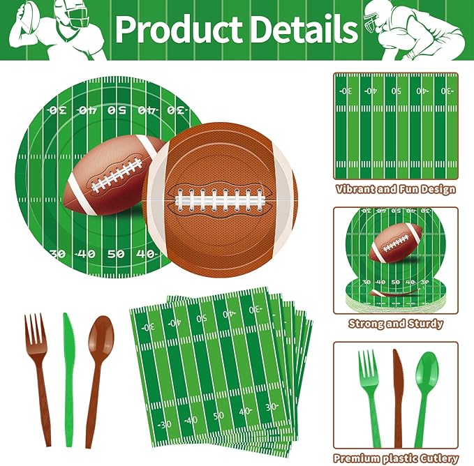 175 Pcs Football Tableware Set - Serves 25, Football Themed Disposable Plates, Cups, Napkins, Forks, Spoons, Knives for Game Events Birthday Party Supplies, Sports Holiday Gathering