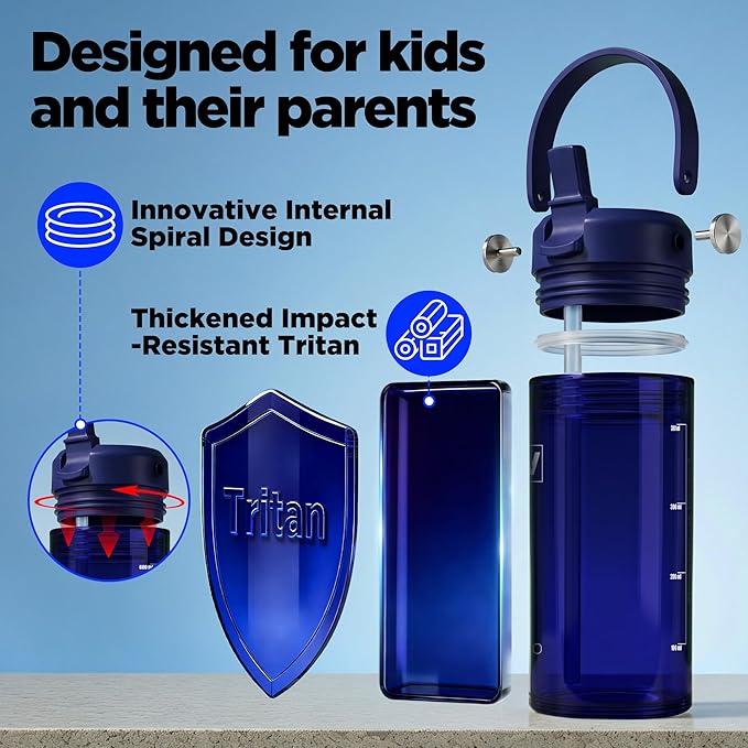 12oz Kids Water Bottle, BPA Free Thick Tritan Plastic Reusable, Clear Water Bottle with Straw, Leakproof Lid, Dishwasher Safe, Boy girl for School,Travel Dark Blue