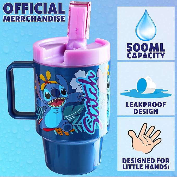 Get Trend Disney Stitch Kids Water Bottle with Straw 16.9 oz BPA Free Plastic Leakproof Cup with Lid Handle Reusable Drinking Tumbler Gifts for Kids (Blue Stitch)