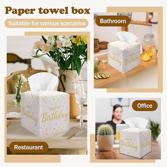 Happy Birthday Gold Foil Dots Tissue Box Cover - Square PU Leather Tissue Holder with Belt Bottom, Decorative Birthday Gift Idea for Birthday Party, Bathroom, Home Office & Car Decorations