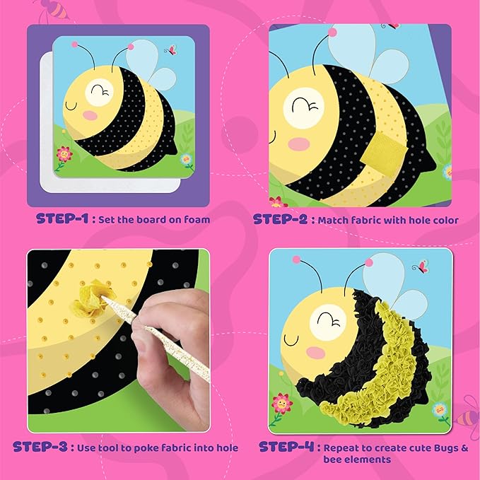 jackinthebox Poke Poke Art – Bugs Theme, Mess-Free Fabric Art and Craft, Flower Pressing Kits, Gift for Kids, Best Gifts for Girls and Boys Ages 4 5 6 7 8
