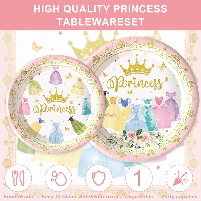 120PCS Princess Birthday Party Supplies Princess Themed Birthday Party Decorations for Baby Girls Babyshower Sweet Fairytale Tableware Set Dessert Plates Napkins Cups Set for 20 Guests