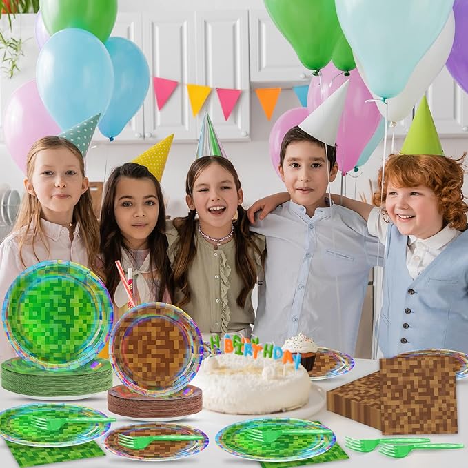 96 Pcs Iridescent Pixel Birthday Party Plates and Napkins Pixel Party Decorations Mining Theme Supplies Gamer Paper Dessert Plates Mining Video Game Tableware Set for Kids Baby Shower 24 Guests