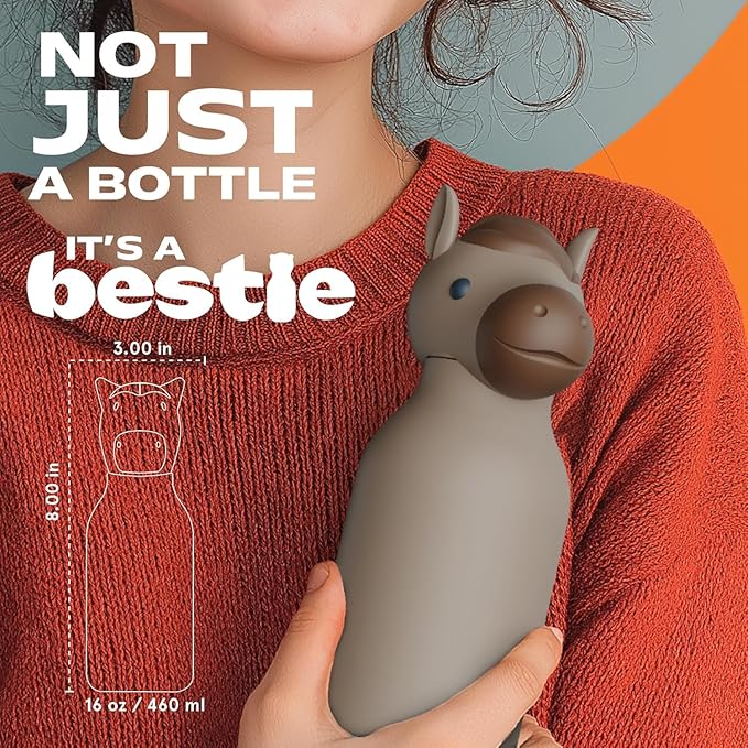 asobu Bestie Bottle Insulated Stainless Steel Water Bottle with Detachable Soft Animal Head Fun Drinking For Kids and Teens with Flexible Reusable Straw 16 Ounce (Horse)