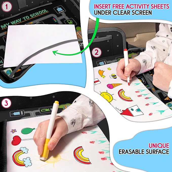 Kids Travel Tray - Waterproof Lap Table with No-Drop Large Tablet Holder - Car Seat Tray - Road Trip Essentials Kids - Car Desk Organizer for Airplane - Toddler Travel Essentials