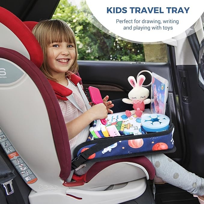 COOLBEBE Kids Travel Tray for Toddler Car Seat, Travel Tray for Airplane, Lap Tray with Storage, Portable Carseat Table Tray for Kids, Blue Space