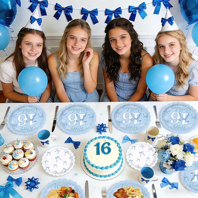 96Pcs Blue Bow 16th Birthday Party Supplies Blue White Birthday Scalloped Plates and Napkins Bow Themed Tableware Set for 16 Years Old Girls Bachelorette Party Decorations Serves 24