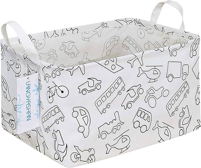 LANGYASHAN Rectangular Storage Bin Collapse Canvas Fabric Cartoon Storage Basket with Handles for Organizing Home Kitchen Boys and Girls Toys Office Closet Shelf Baskets (Rec Vehicle)