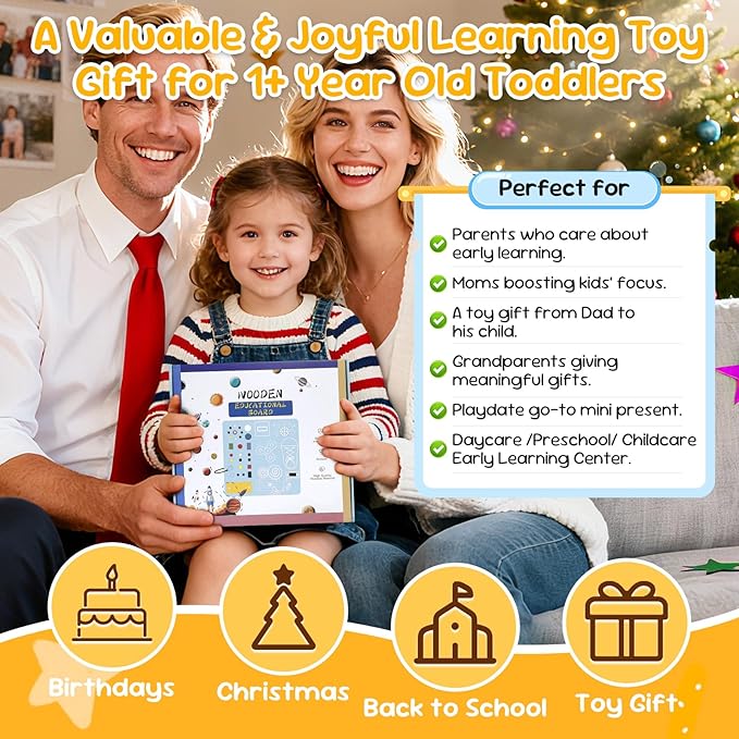 Wooden Busy Board with LED Light Montessori Baby Learning Toys for Toddlers , Sensory Activity Board, Travel Educational Toys, Boy & Girl Birthday Gift (Silver Handle)