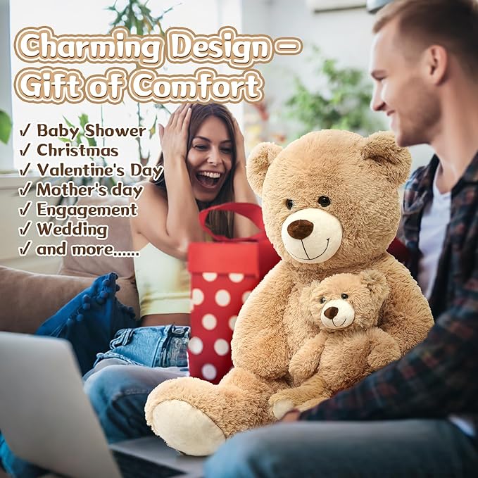 MorisMos Decorations Teddy Bear with Baby for Baby Shower, 39 Inch Soft Bear Stuffed Animal, Gift for Birthday Kids Girls Boys, Party Favor, Tan